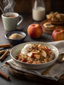Bowl of apple pie overnight oats served with warm lighting.