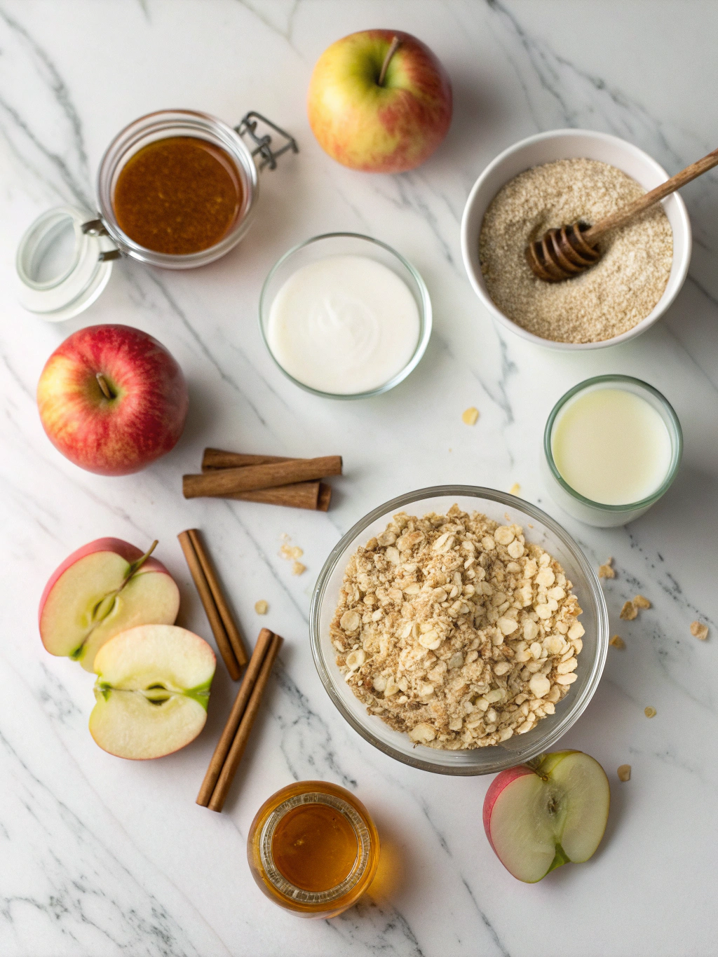 Flatlay of ingredients for apple pie overnight oats on marble surface.
