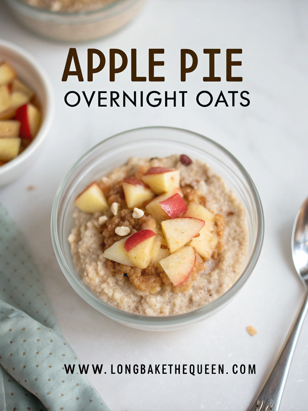 Creamy apple pie overnight oats topped with fresh apple slices.