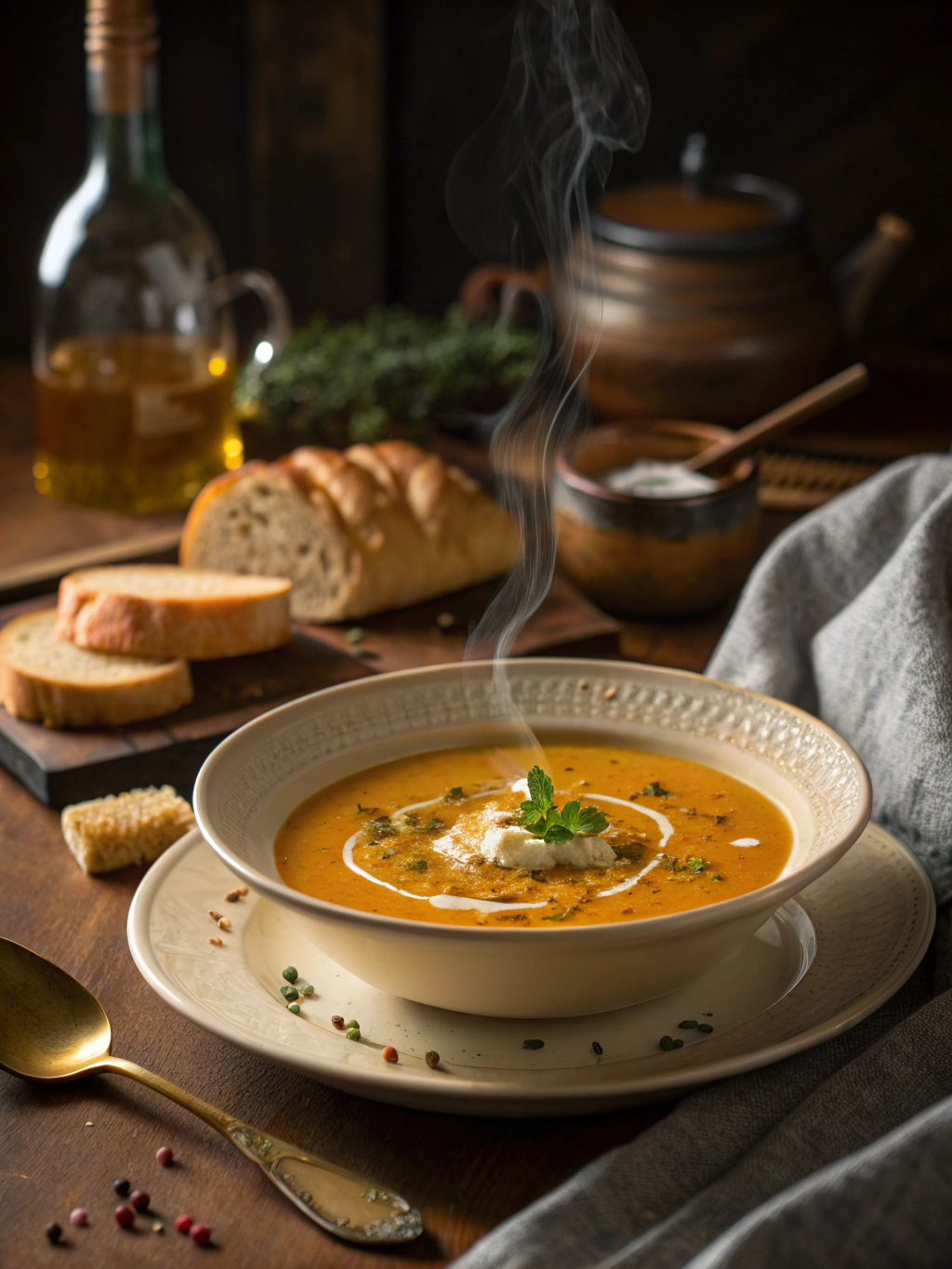 Bowl of butternut squash soup served with bread and herbs