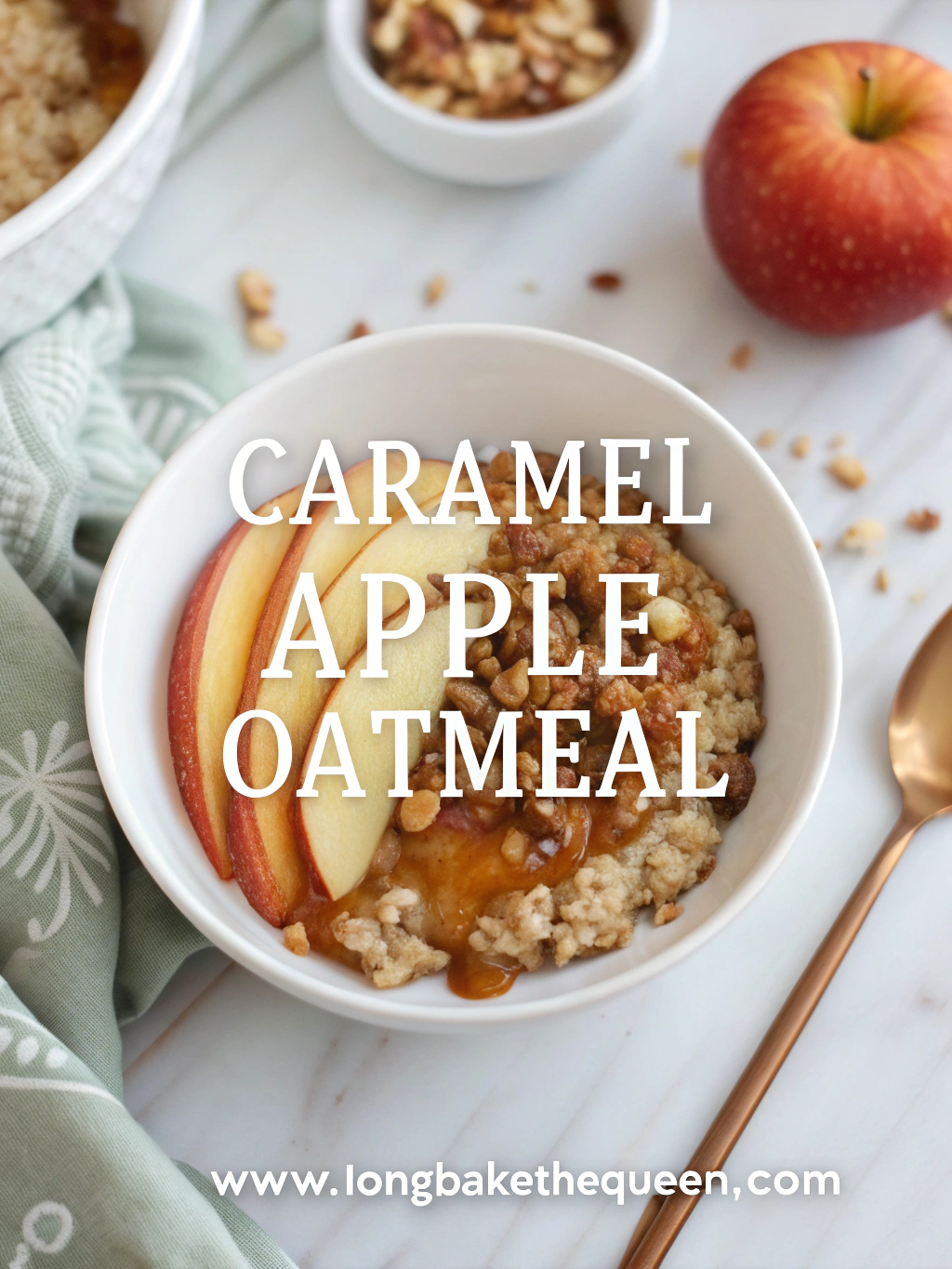 Warm bowl of caramel apple oatmeal with apple slices and caramel drizzle.