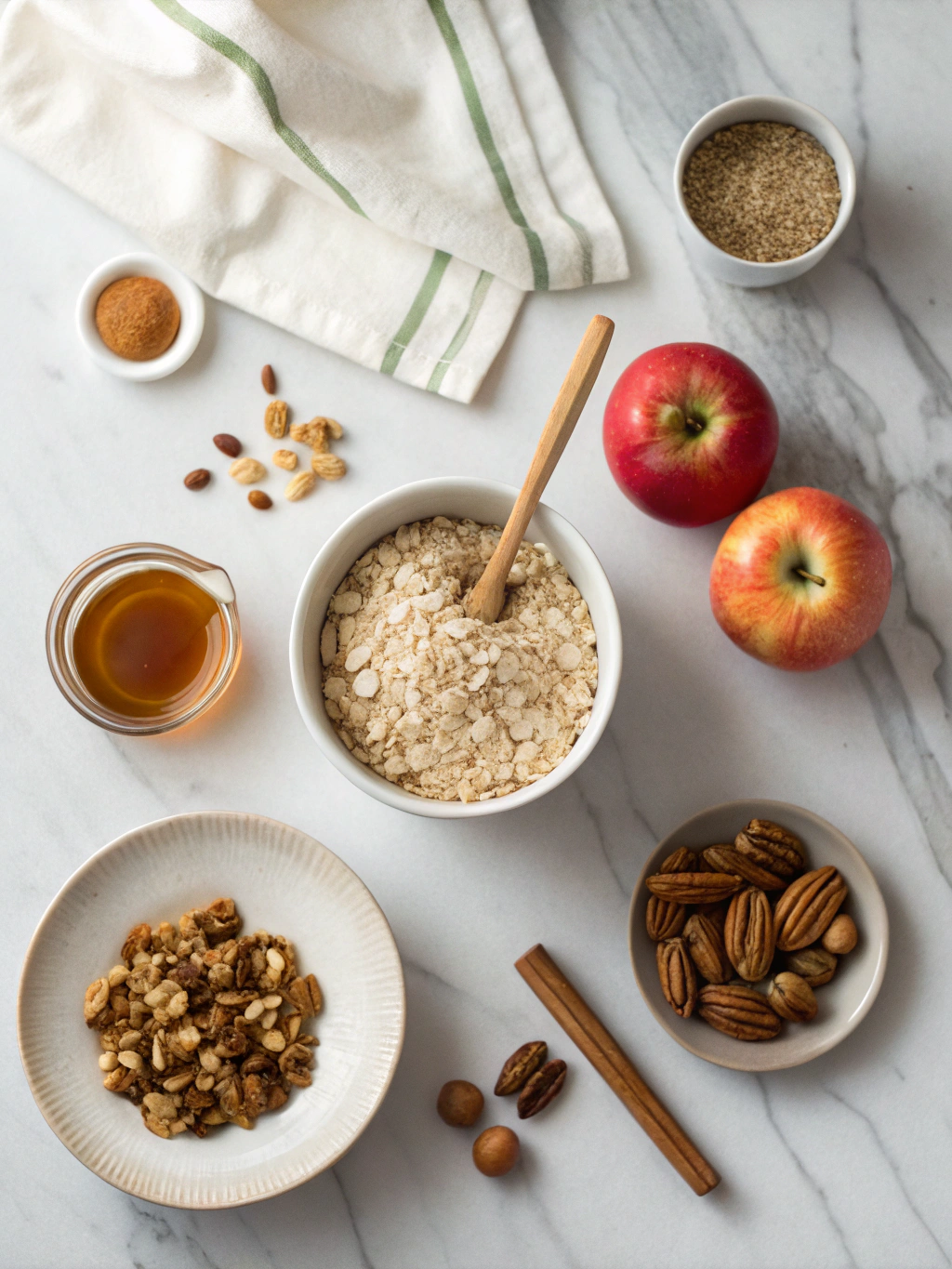 Flatlay of ingredients for caramel apple oatmeal on marble