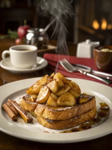 Stack of cinnamon apple french toast topped with warm apples.