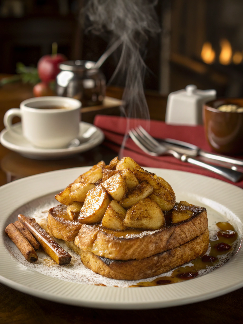 Stack of cinnamon apple french toast topped with warm apples.