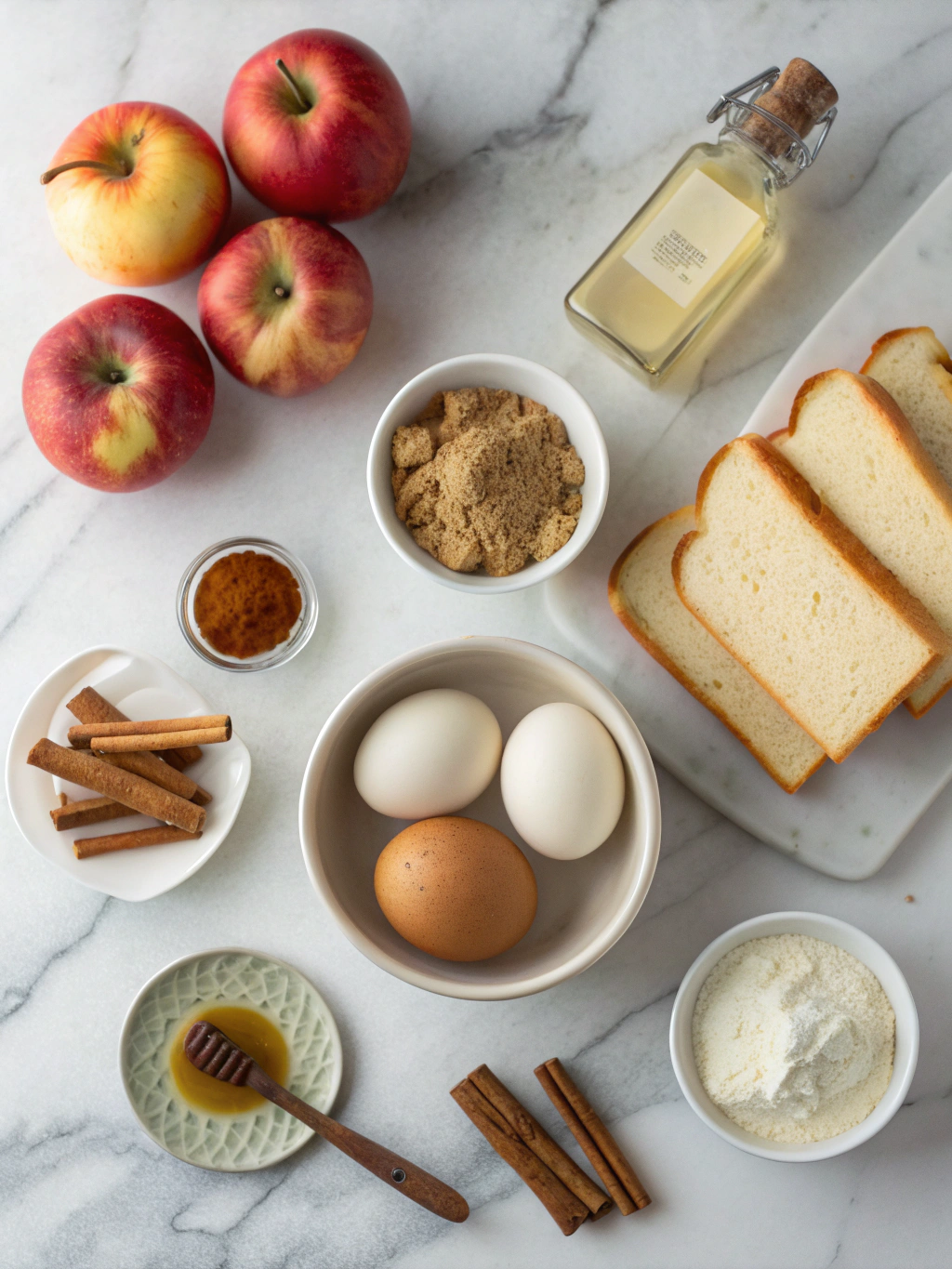 Flatlay showing ingredients to prepare cinnamon apple french toast.