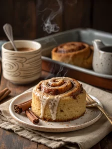 Served cinnamon roll mug cake with glaze in a cozy setting
