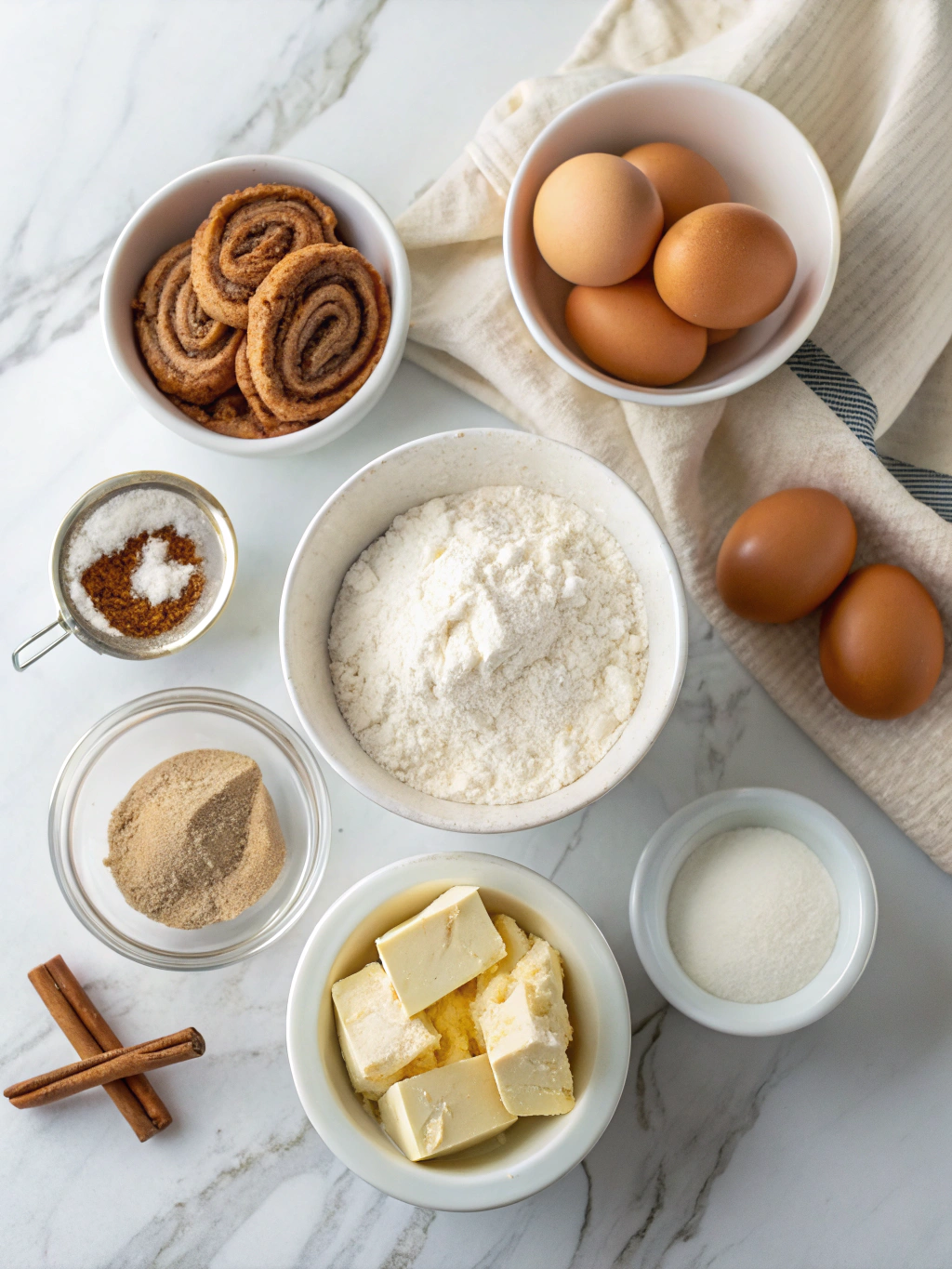 Flatlay of cinnamon roll mug cake ingredients on marble surface