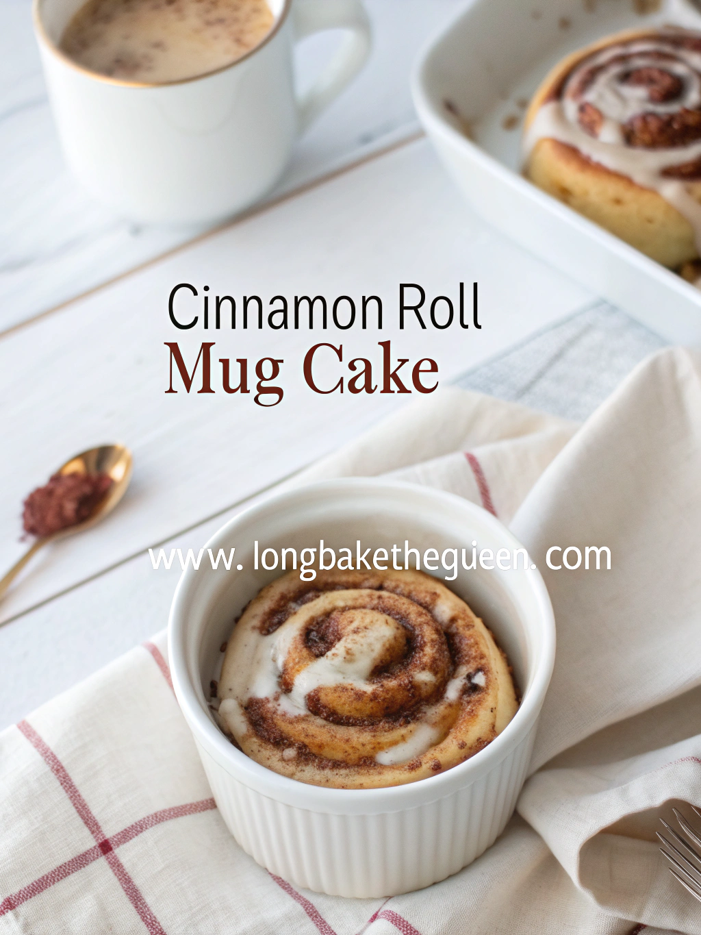 Warm cinnamon roll mug cake topped with glaze in white mug
