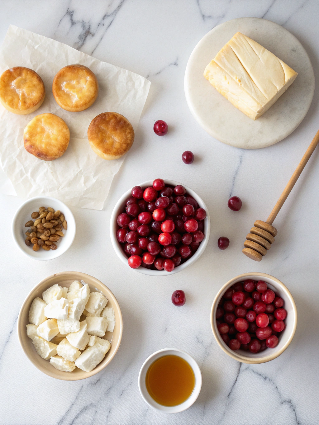 Flatlay of brie, puff pastry, and cranberry sauce ingredients.