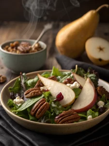Rustic plate of harvest salad pears pecans served on wooden table.