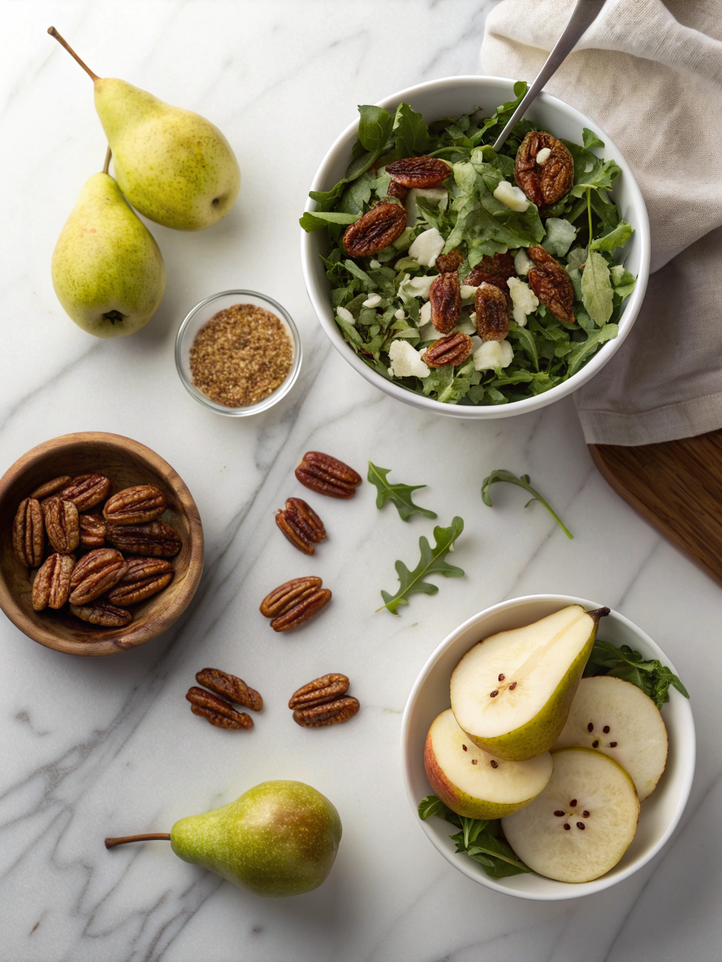 Flatlay shot showing ingredients for harvest salad pears pecans arranged neatly.