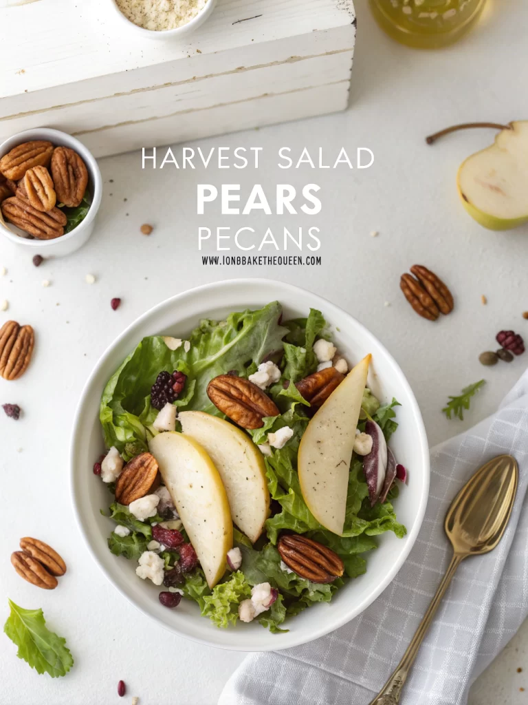 Colorful bowl of harvest salad pears pecans with greens and cheese.
