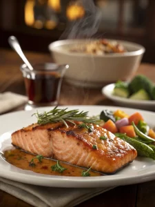 Maple glazed salmon served with roasted vegetables on a dinner table.