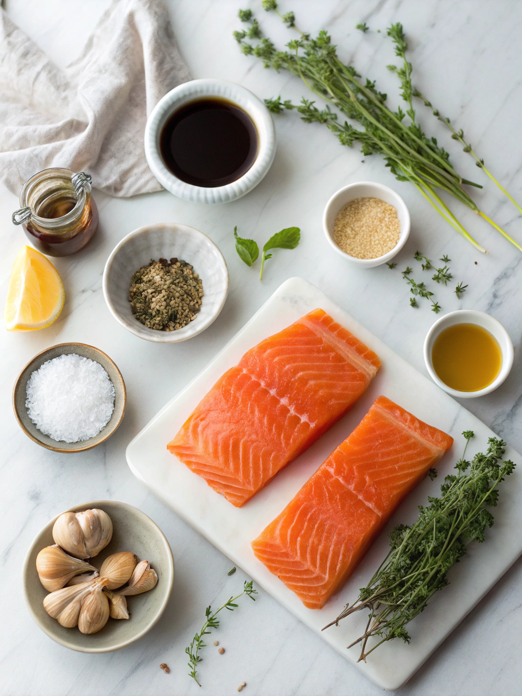 Flatlay of maple glazed salmon ingredients on marble surface.