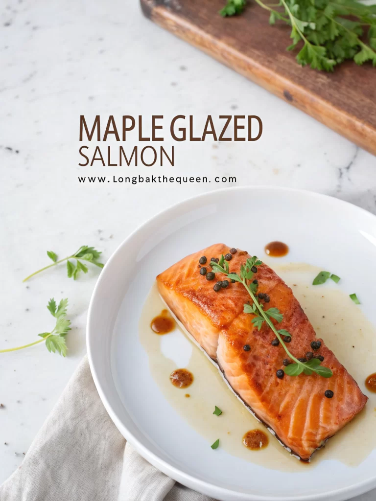 Perfectly baked maple glazed salmon fillet on a white plate.