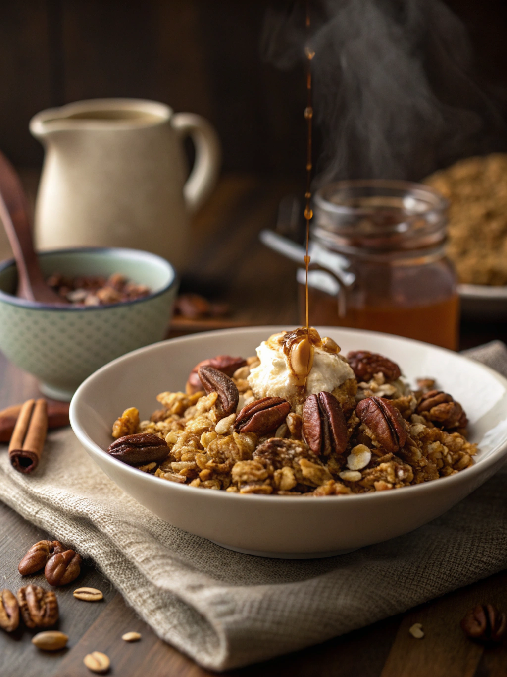 Serving of maple pecan granola with yogurt and berries on a table.