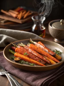 Serving bowl of maple roasted carrots with thyme garnish