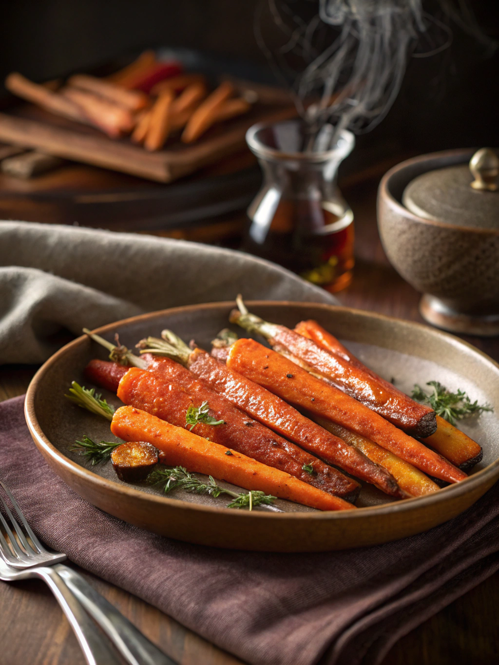 Serving bowl of maple roasted carrots with thyme garnish