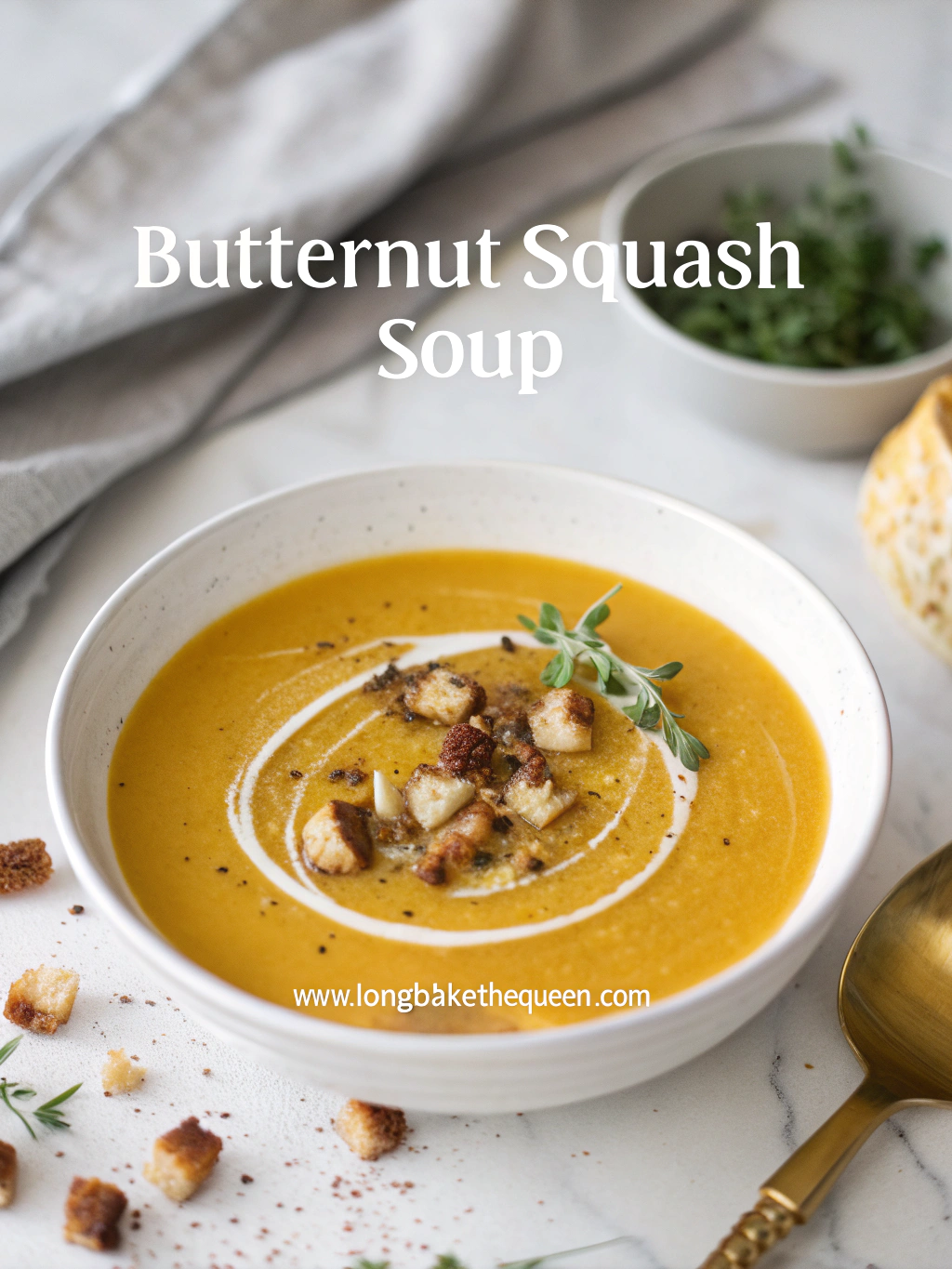 Creamy butternut squash soup bowl with garnish and spoon