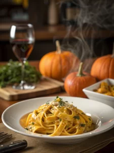 Bowl of pumpkin alfredo pasta served warm with steam rising