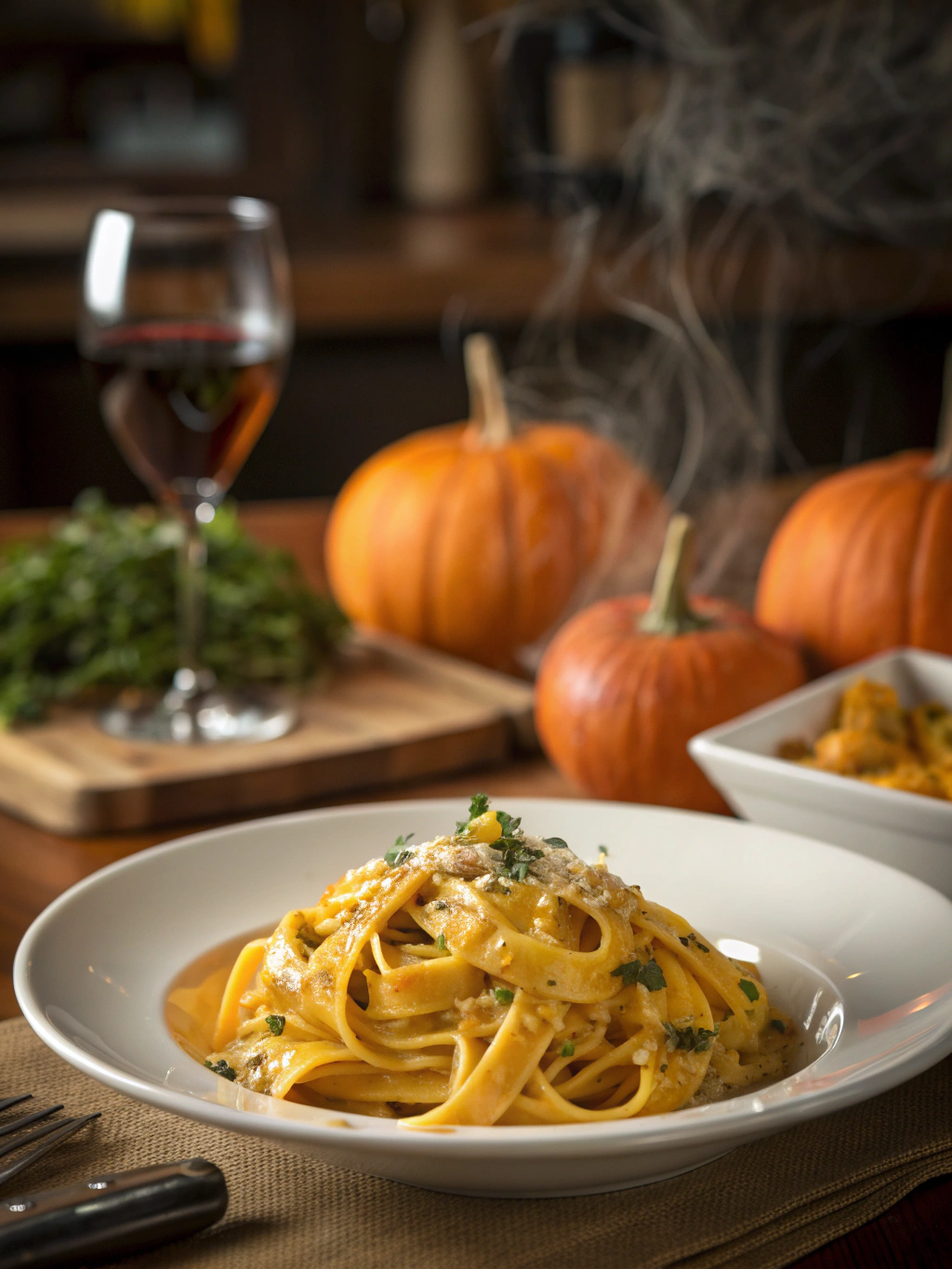 Bowl of pumpkin alfredo pasta served warm with steam rising