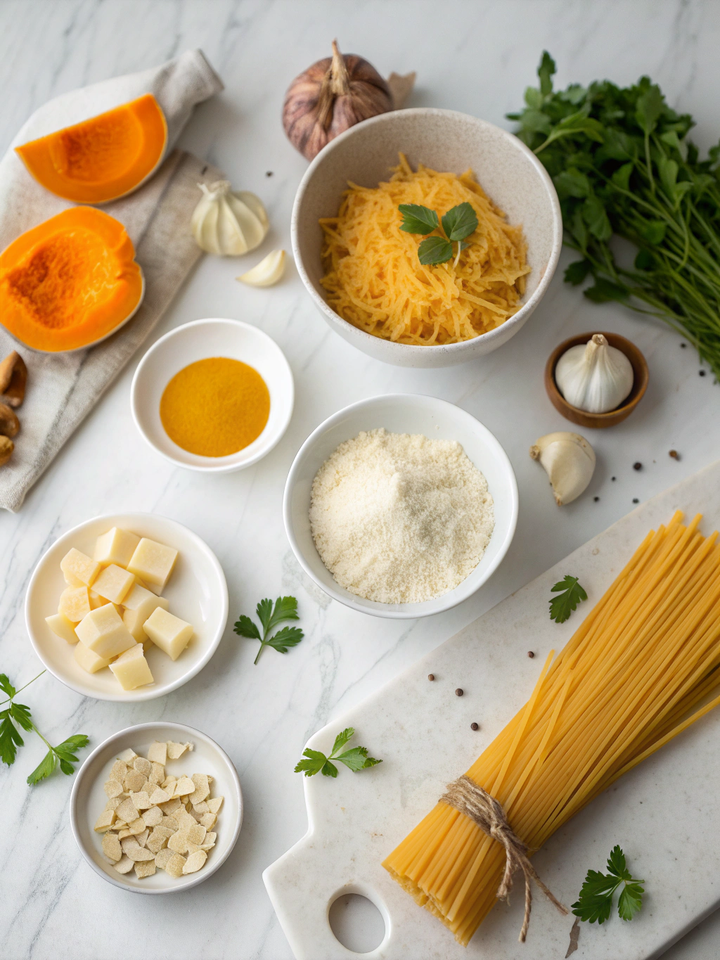 Flatlay of pumpkin alfredo pasta ingredients on marble surface