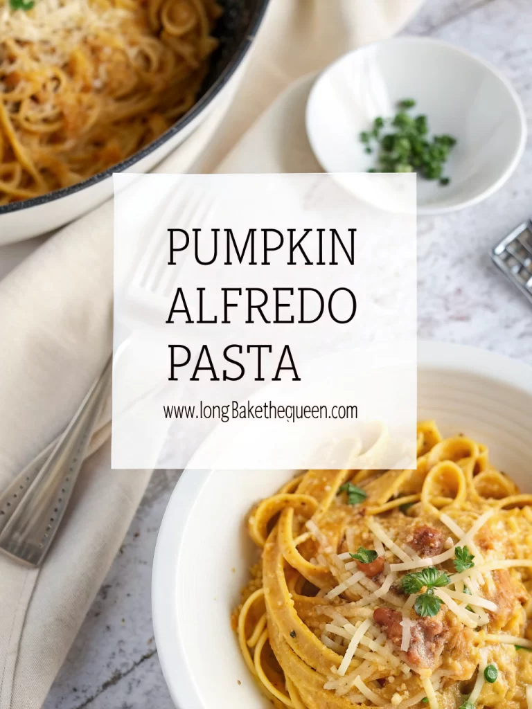Overhead view of creamy pumpkin alfredo pasta served in bowl