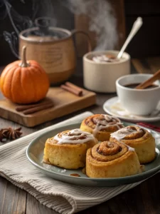 Plated pumpkin cinnamon rolls served warm with frosting