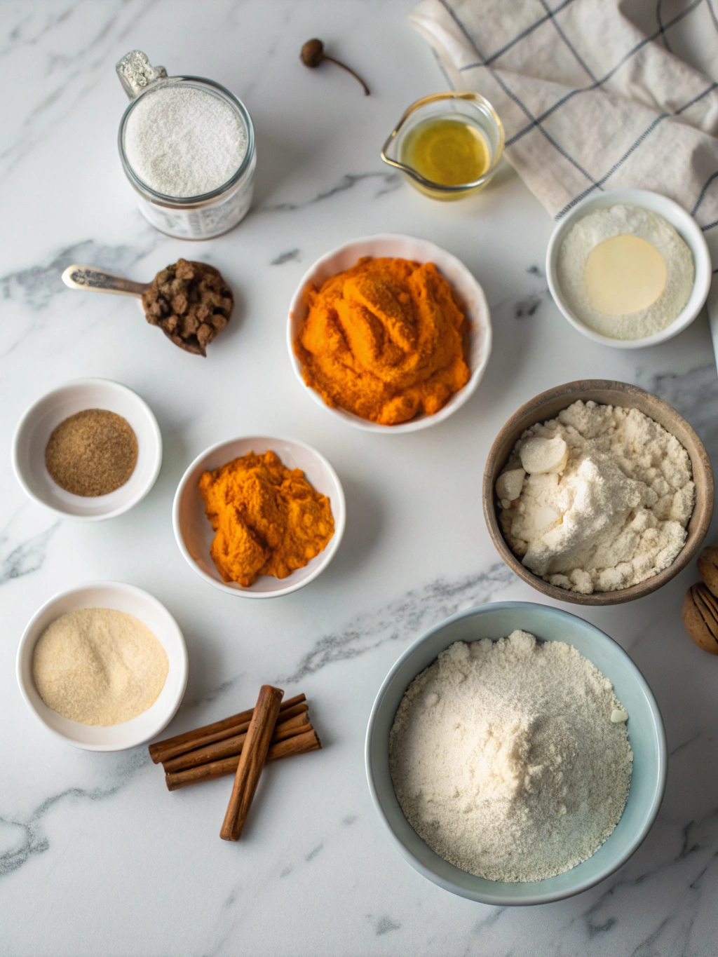 Flatlay of ingredients for pumpkin cinnamon rolls preparation