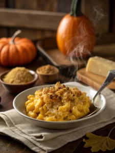 Served bowl of creamy pumpkin mac and cheese on table