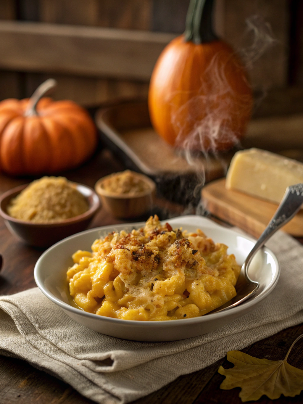 Served bowl of creamy pumpkin mac and cheese on table