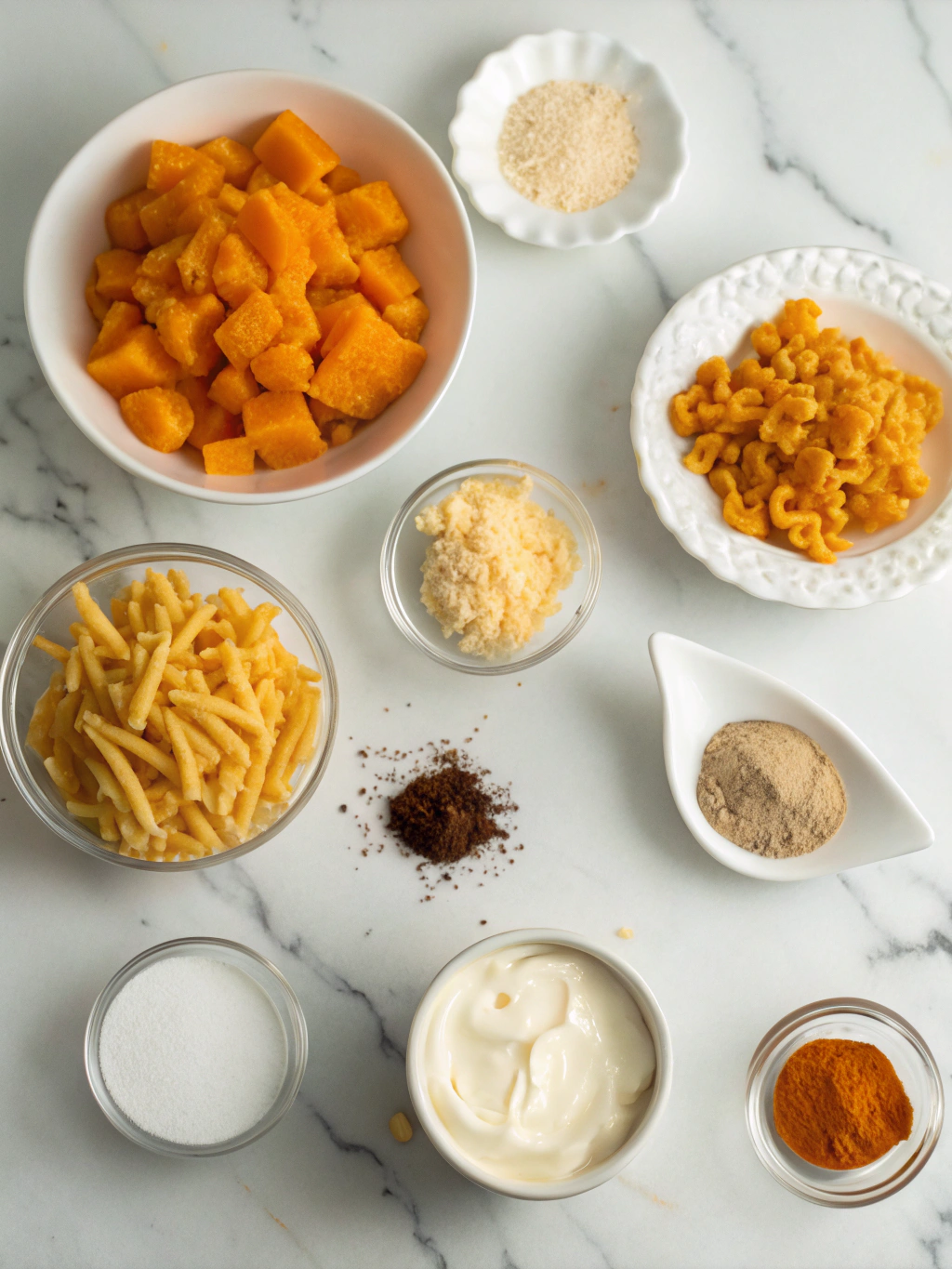 Ingredients for homemade pumpkin mac and cheese flatlay