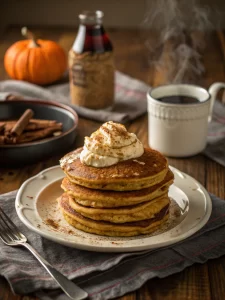 Plate of pumpkin pancakes served warm with butter and syrup