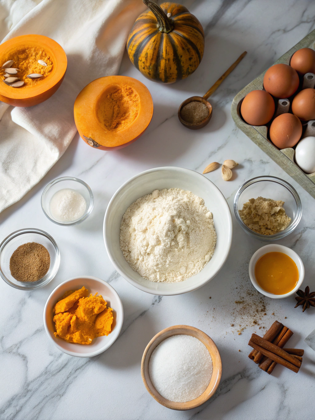 Autumn ingredients prepared for pumpkin pancakes recipe