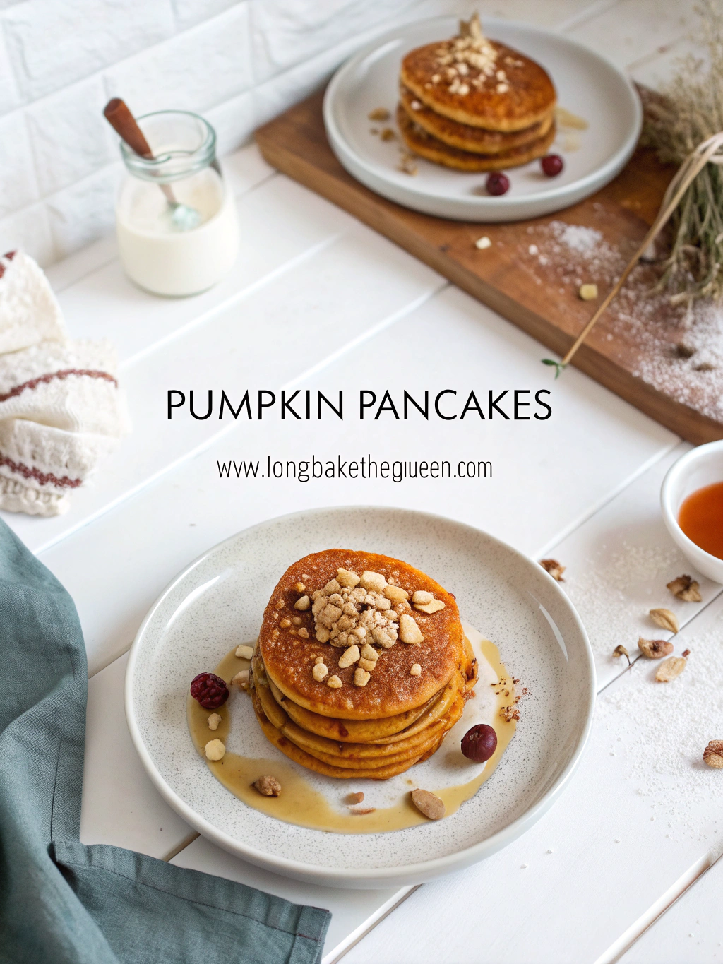 Fluffy golden stack of pumpkin pancakes with syrup drizzle