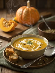 Served bowl of pumpkin soup coconut milk photographed in warm golden light.