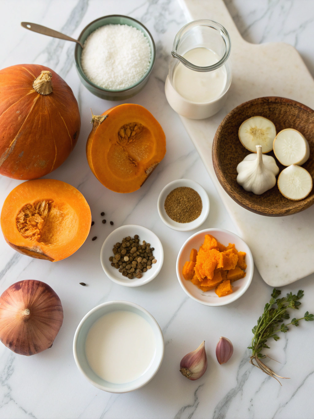 Flatlay of fresh ingredients for pumpkin soup coconut milk recipe.