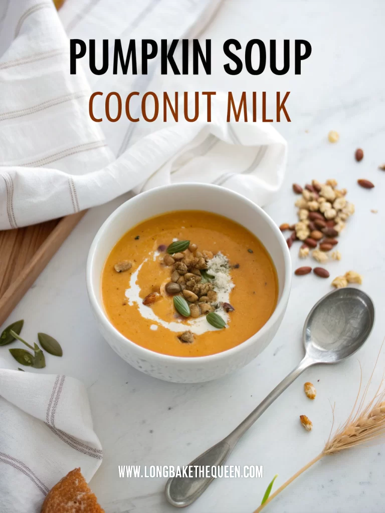 A steaming bowl of pumpkin soup coconut milk garnished with seeds and herbs.