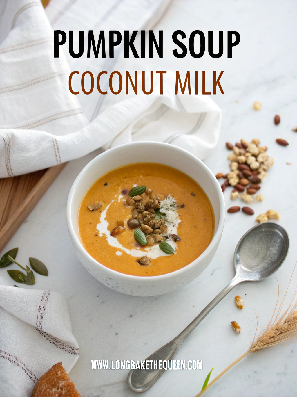 A steaming bowl of pumpkin soup coconut milk garnished with seeds and herbs.
