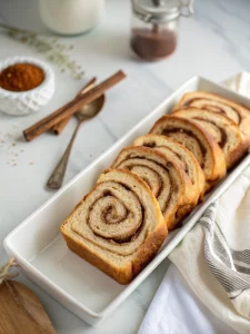 Warm slices of cinnamon swirl bread served on ceramic plate
