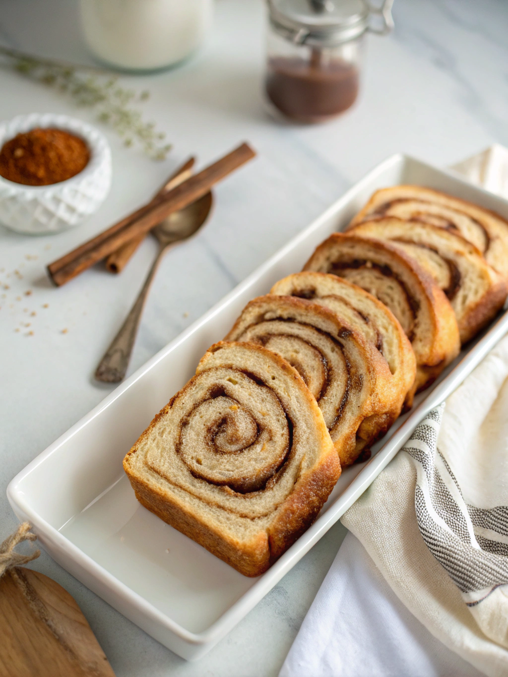 Warm slices of cinnamon swirl bread served on ceramic plate