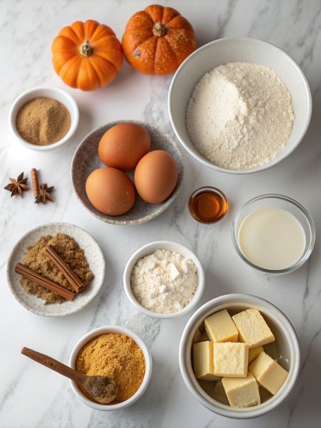 Pumpkin puree and spices laid out for pumpkin spice coffee cake