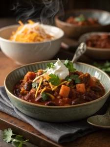 Serving of sweet potato chili on a rustic table