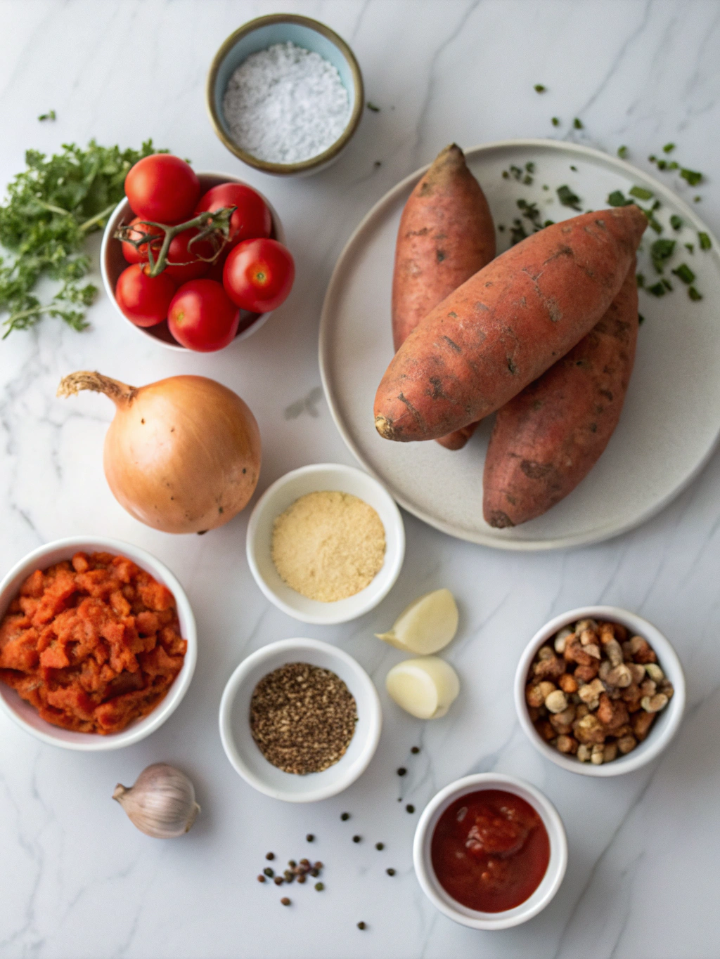 Flatlay of sweet potato chili ingredients before cooking