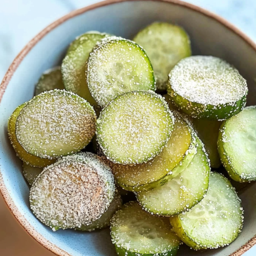 Bowl of cooked cucumber slices with a tender center and lightly crisp edges.