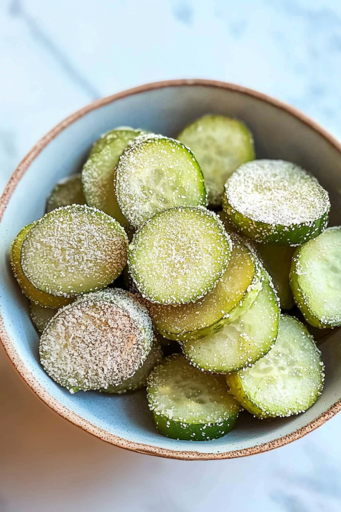 Bowl of cooked cucumber slices with a tender center and lightly crisp edges.