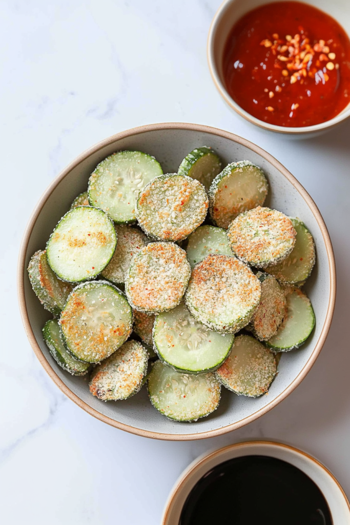 Golden green cucumber rounds with a crunchy texture, ready to serve as a snack.