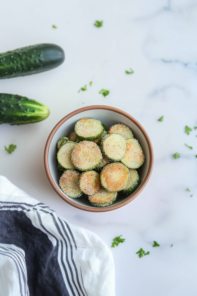 Crispy cucumber slices lightly coated with seasoning, served in a bowl after air frying.