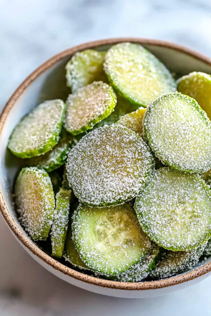Close-up of seasoned cucumber slices cooked until lightly crisp.