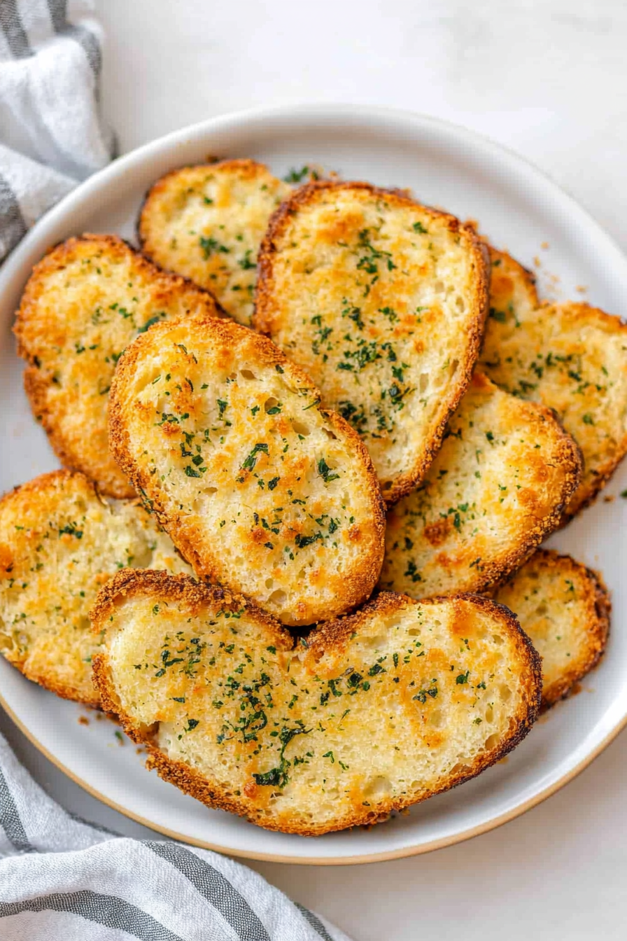 Finished cheesy garlic bread slices with a soft center and crisp crust.